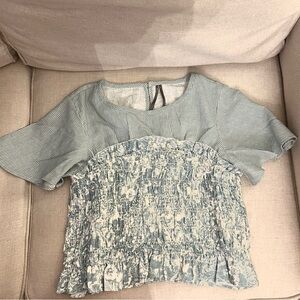 Anthropologie Short-Sleeve Smocked Linen Twofer Top Blue